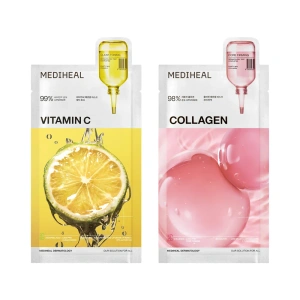 Mediheal Korean Skincare Set zestaw masek w płachcie Mediheal Vitamin C 24 ml + Mediheal Collagen 24 ml + szklany masażer Glass Spoon
