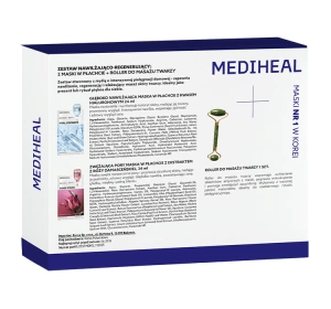 Mediheal Korean Skincare Set zestaw masek w płachcie Mediheal Hyaluronate 24 ml + Mediheal Rose PDRN 24 ml + roller do masażu twarzy