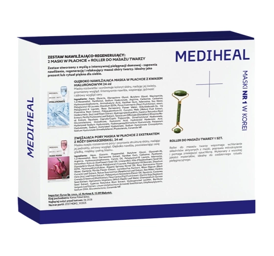 Mediheal Korean Skincare Set zestaw masek w płachcie Mediheal Hyaluronate 24 ml + Mediheal Rose PDRN 24 ml + roller do masażu twarzy