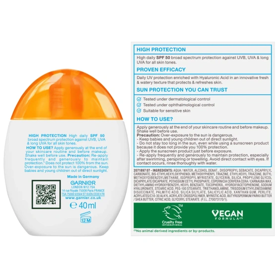 Garnier Ambre Solaire Super UV Refreshing Face Water Fluid SPF50 odświeżający fluid do twarzy z wysoką ochroną 40 ml